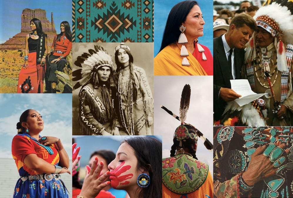 A collage of contemporary and historical Indigenous North American dress, portraiture and protest