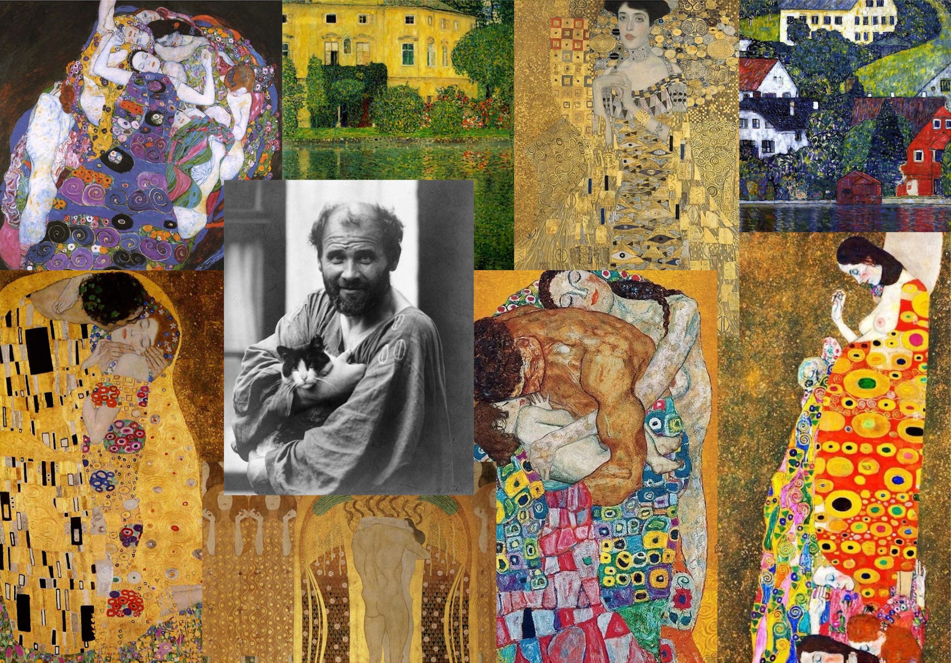 A collage of paintings by Gustav Klimt including The Kiss, Death and Life, and portraits from the Golden Phase