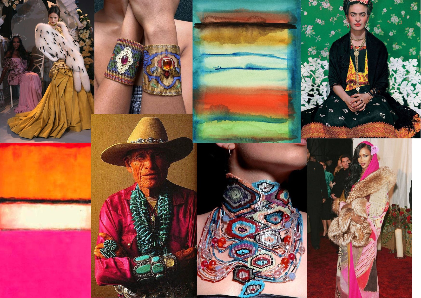 A collage of couture, Rothko colour fields, Frida Kahlo, turquoise jewellery and beadwork